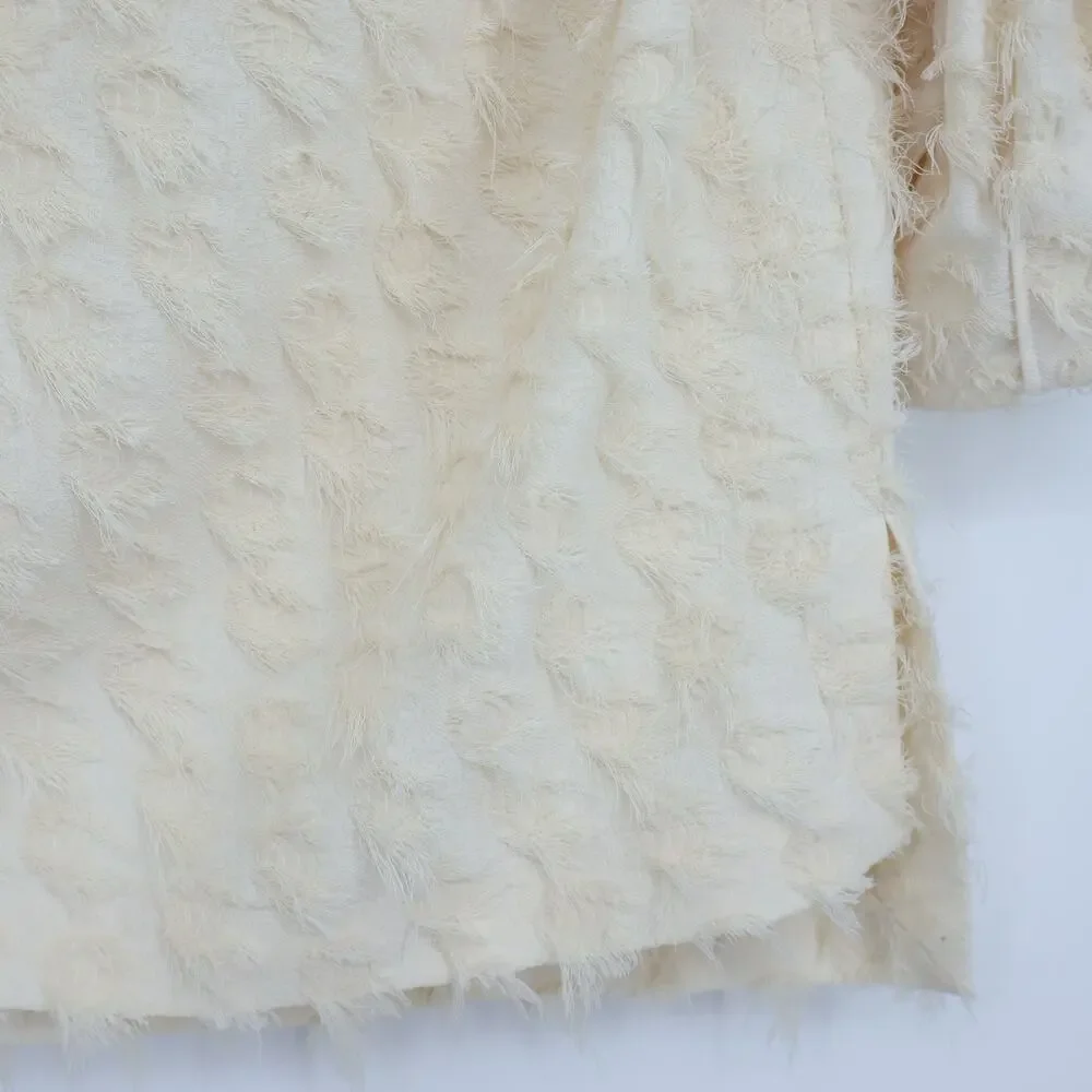 ZARA Fringe Jacquard Top Ivory Puff Sleeve Relaxed Fit Women's XS